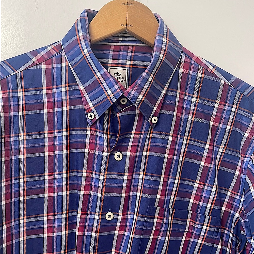 Peter Millar Blue and Red Casual Button Down Shirt/ Plaid/Cotton/Long Sleeve